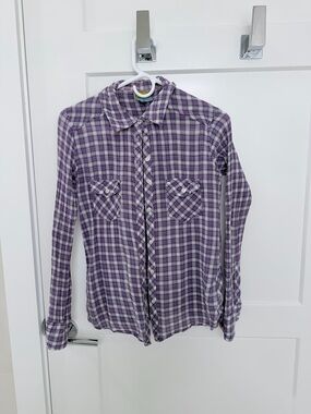 Purple Plaid Button-Front feminine cut Shirt